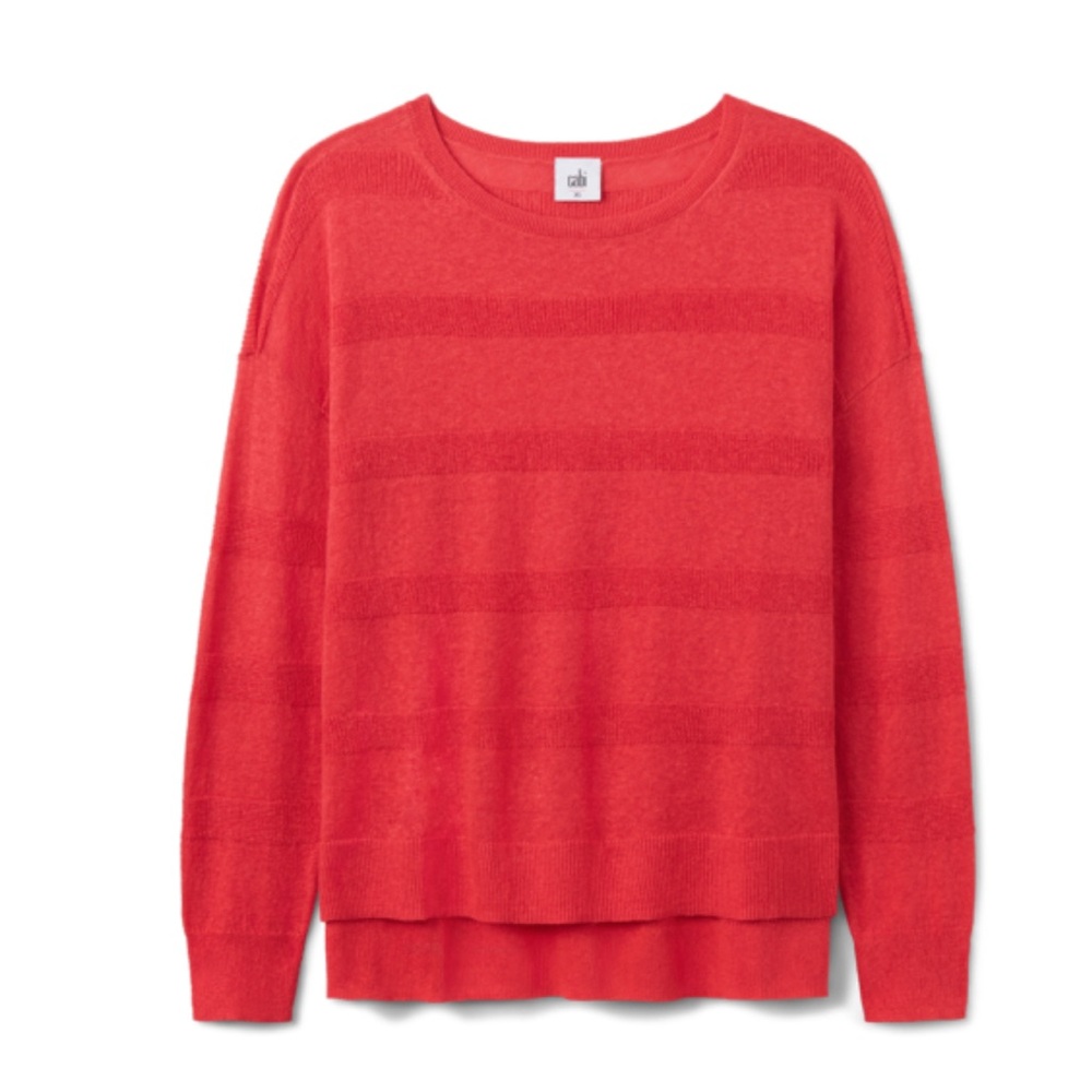 Cabi Shadow stripe pullover, linen blend, color: Hibiscus, Large, EUC